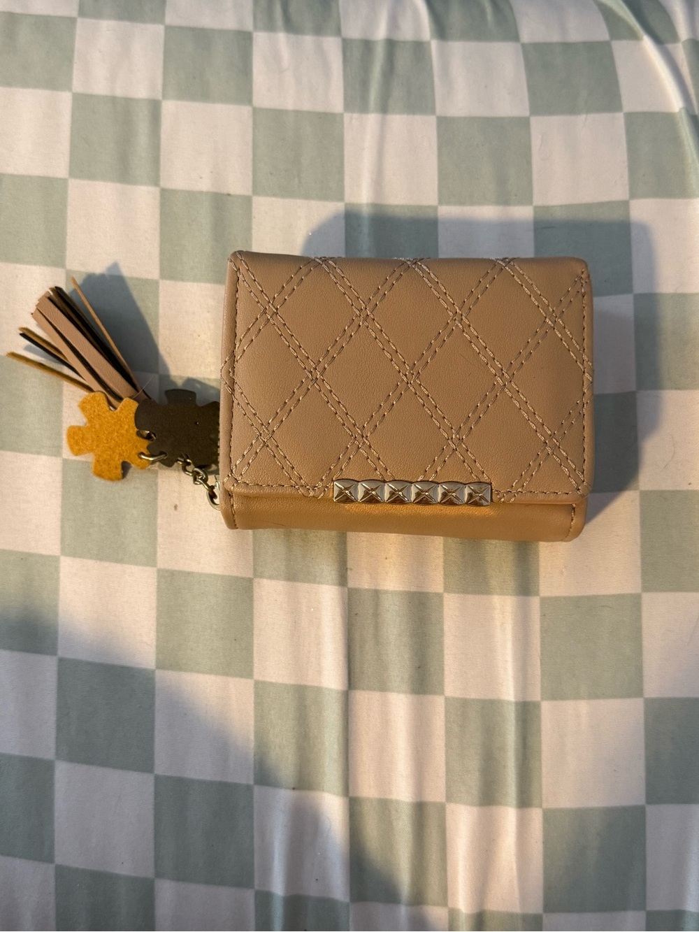 Quilted Tan Compact Wallet with Tassel Charm